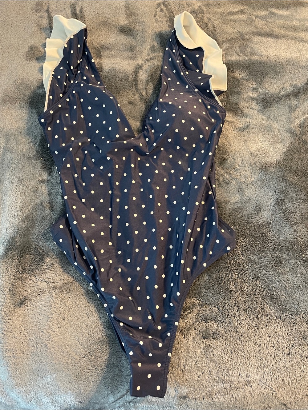 Summer salt Navy Polka Dot Women’s  One-Piece Swimsuit with White Ruffle Straps